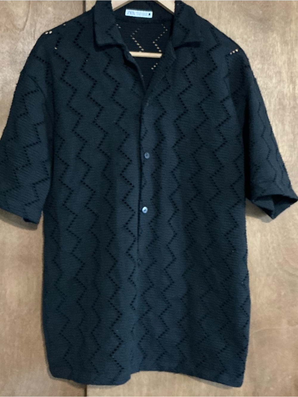 Zara Black Openwork Button-Front Knit Heavyweight Shirt - Picture 3 of 6